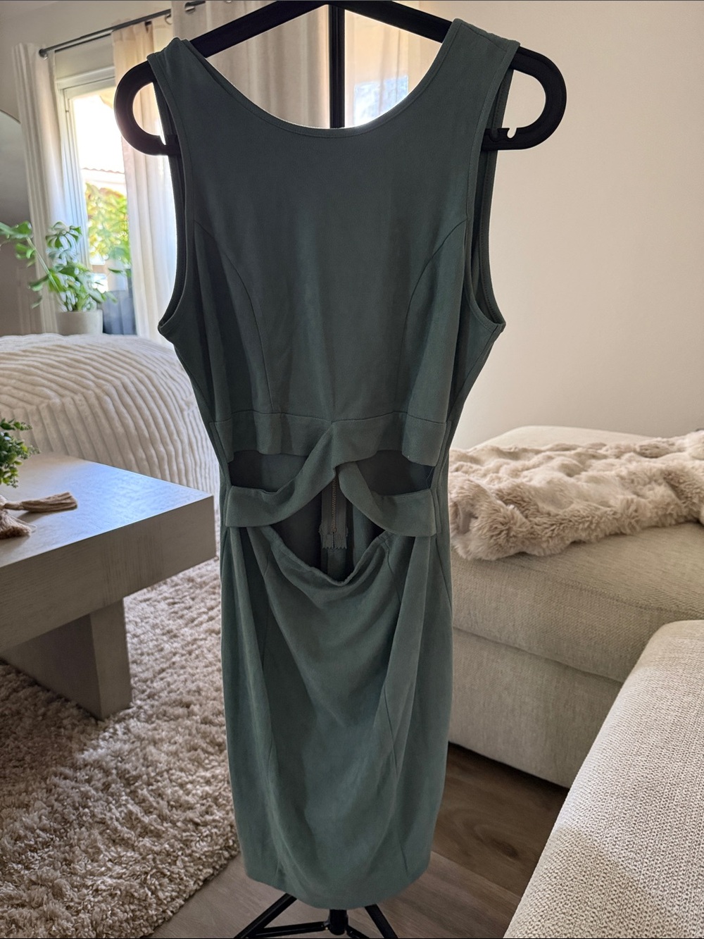 Windsor Olive Green Backless Cutout Suade Dress